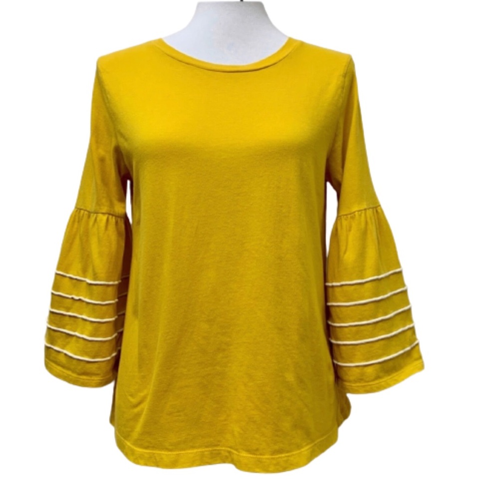 J.Crew Cotton Yellow and White Bell Sleeve Top w/ White Piping- Size XS
